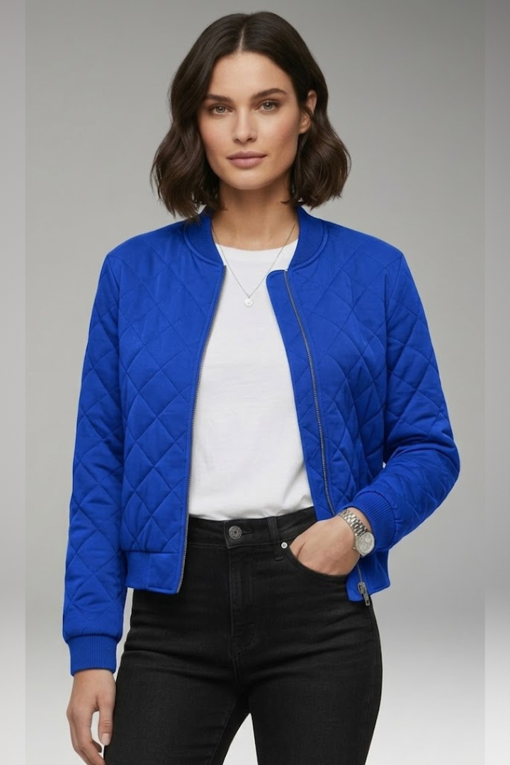 Women's Bomber Jacket with Zipper Closure and Ribbed Details