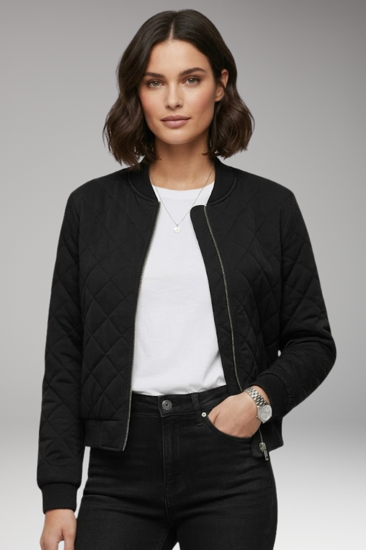 Women's Bomber Jacket with Zipper Closure and Ribbed Details