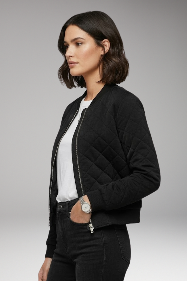 Women's Bomber Jacket with Zipper Closure and Ribbed Details
