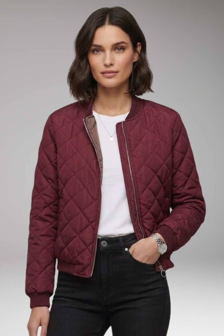 Women's Bomber Jacket with Zipper Closure and Ribbed Details
