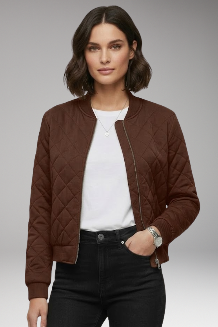 Women's Bomber Jacket with Zipper Closure and Ribbed Details