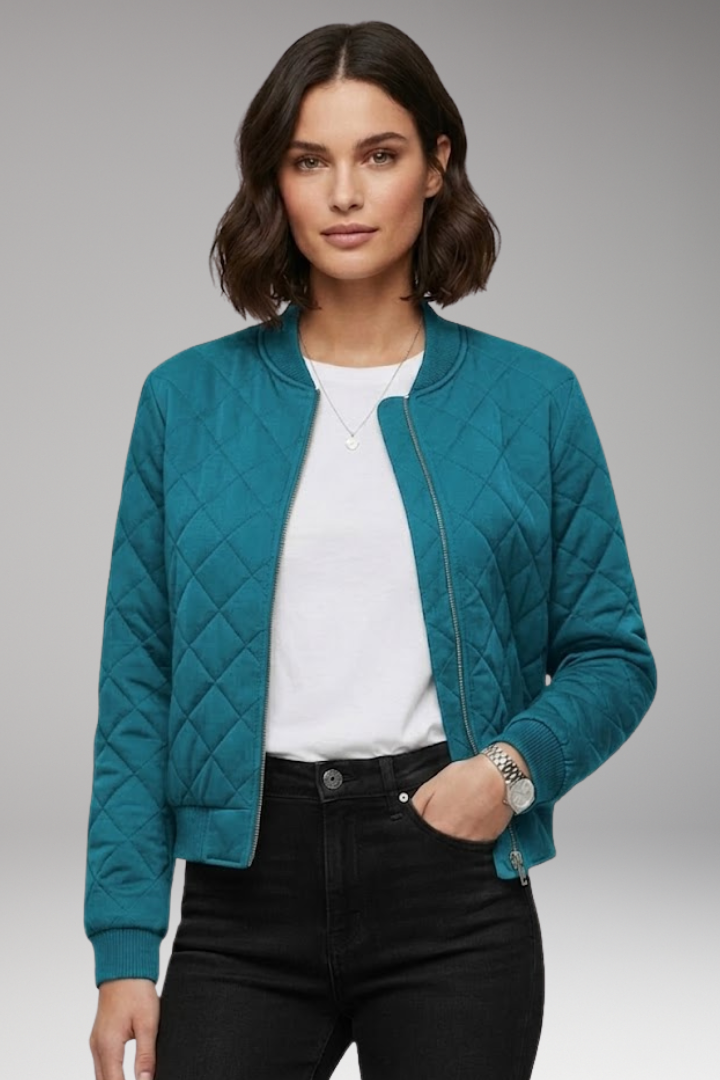 Women's Bomber Jacket with Zipper Closure and Ribbed Details