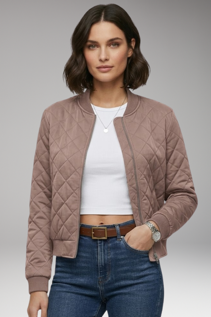 Women's Bomber Jacket with Zipper Closure and Ribbed Details
