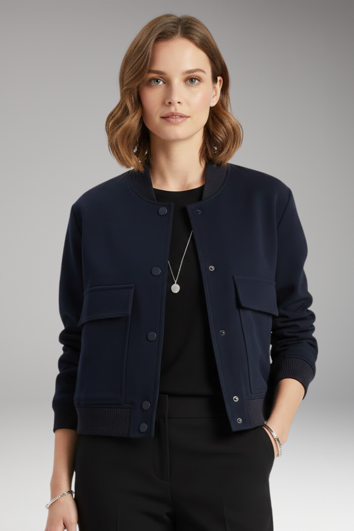 Women's Bomber Jacket with Zipper Closure and Ribbed Waist