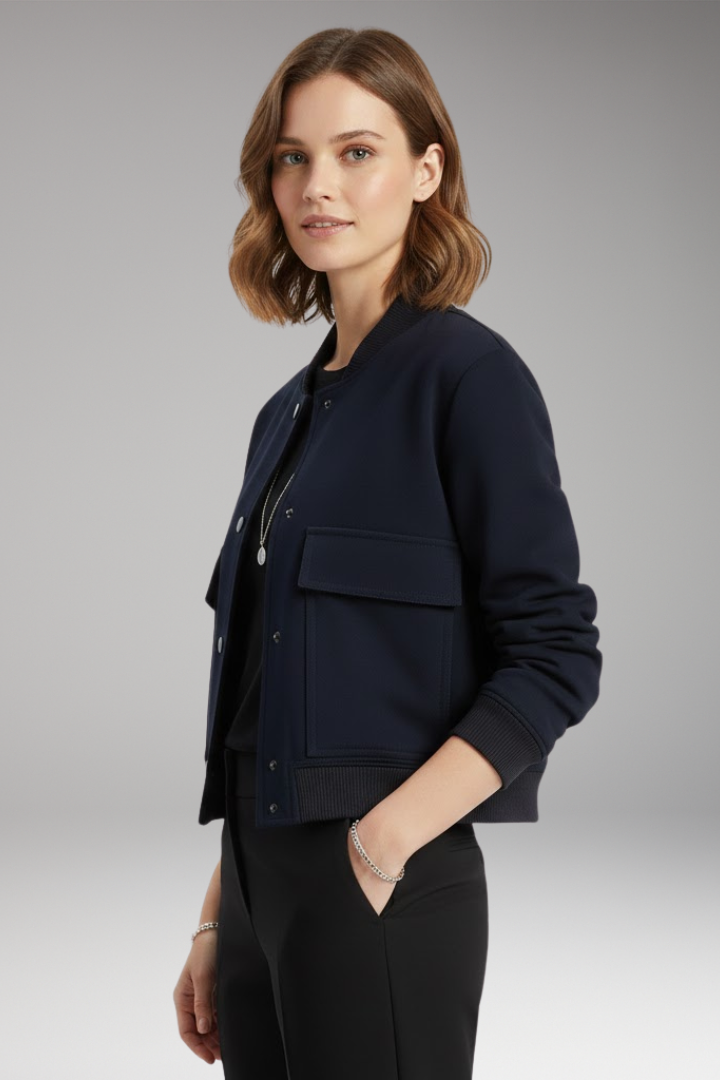 Women's Bomber Jacket with Zipper Closure and Ribbed Waist