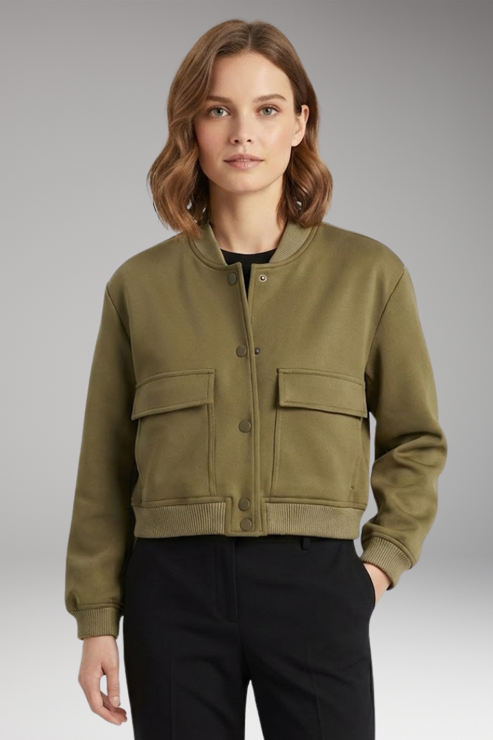 Women's Bomber Jacket with Zipper Closure and Ribbed Waist