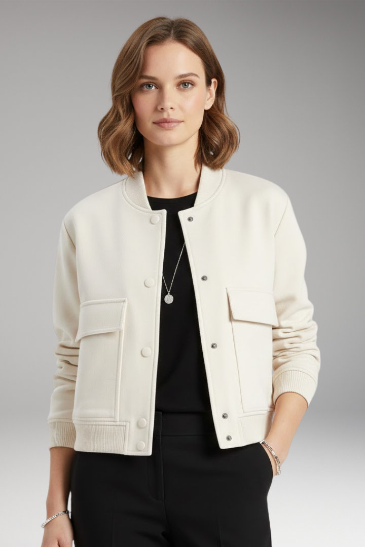 Women's Bomber Jacket with Zipper Closure and Ribbed Waist
