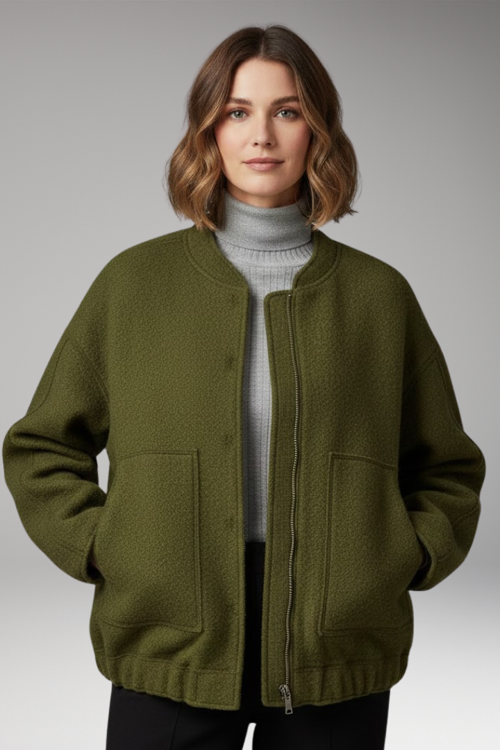 Women's Bomber Jacket with Zipper Front and Ribbed Details