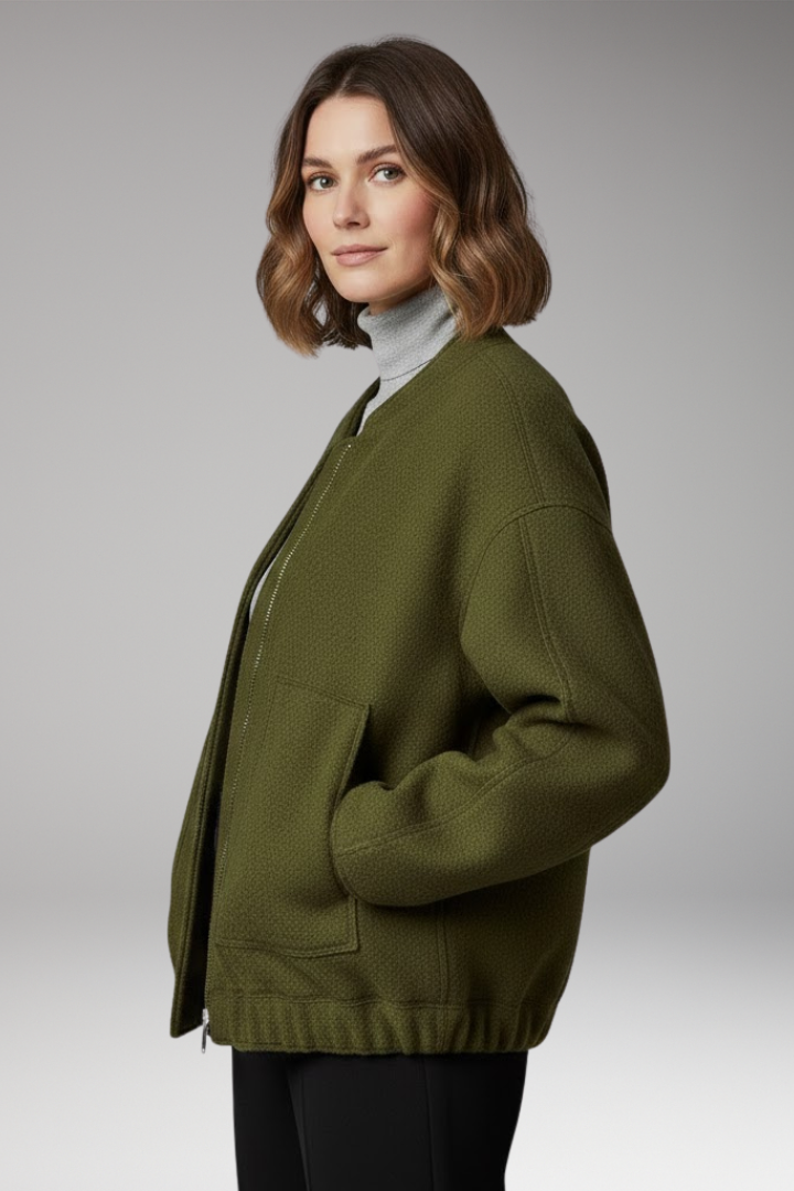 Women's Bomber Jacket with Zipper Front and Ribbed Details