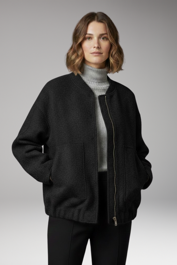 Women's Bomber Jacket with Zipper Front and Ribbed Details