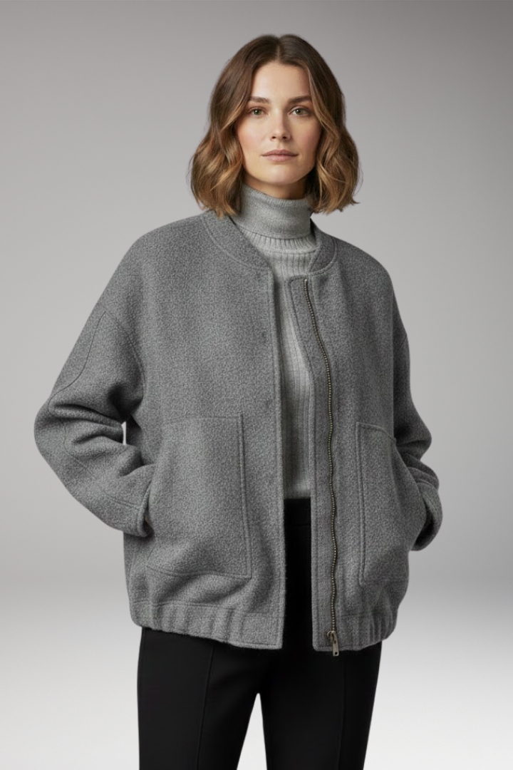 Women's Bomber Jacket with Zipper Front and Ribbed Details