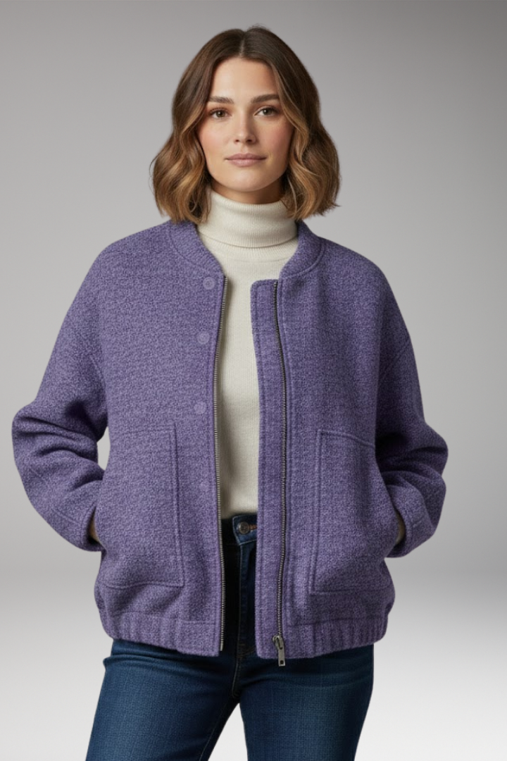 Women's Bomber Jacket with Zipper Front and Ribbed Details