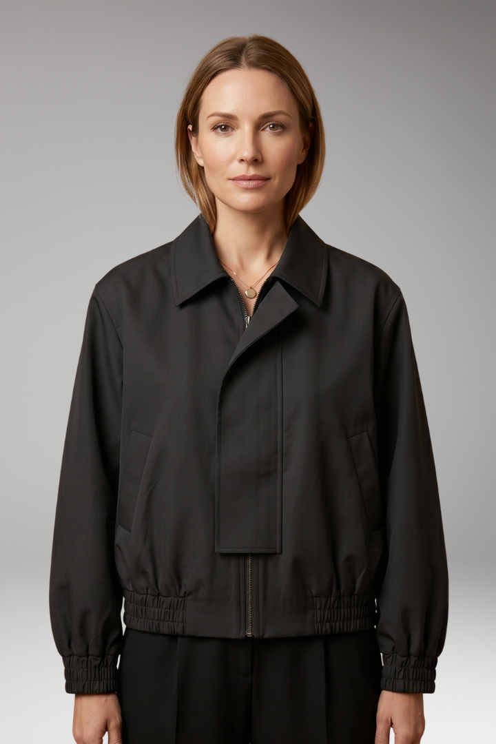 Women's Bomber Jacket with Zipper Front and Ribbed Edges