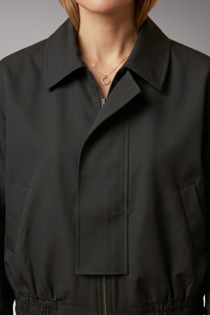 Women's Bomber Jacket with Zipper Front and Ribbed Edges