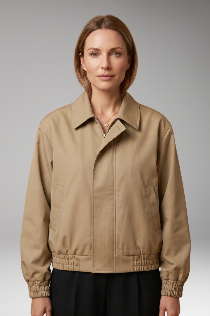 Women's Bomber Jacket with Zipper Front and Ribbed Edges