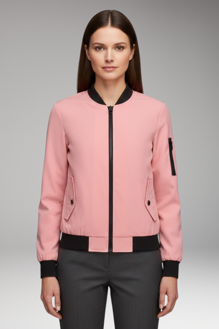 Women's Bomber Jacket with Zipper Pockets and Sporty Collar