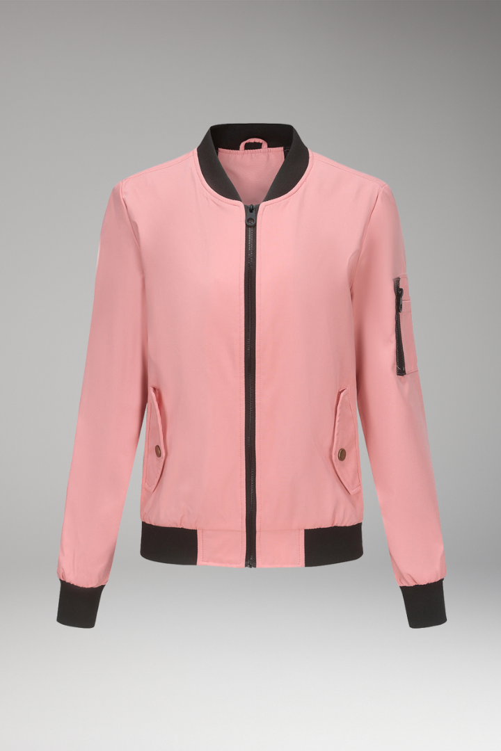 Women's Bomber Jacket with Zipper Pockets and Sporty Collar