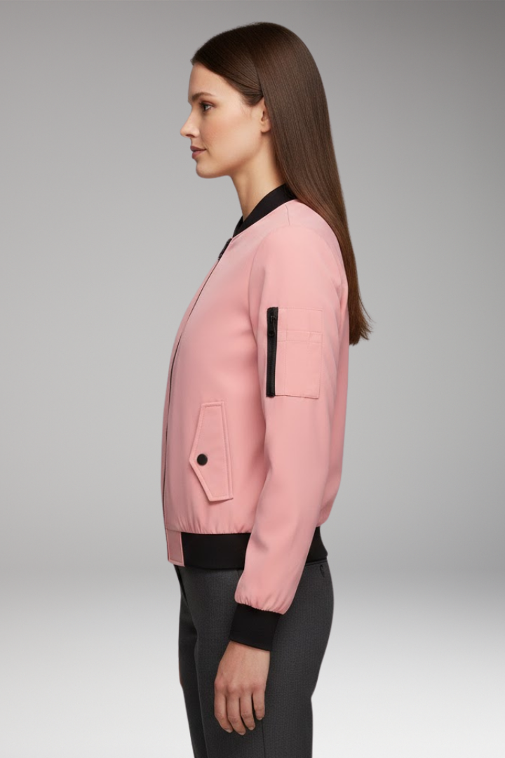 Women's Bomber Jacket with Zipper Pockets and Sporty Collar