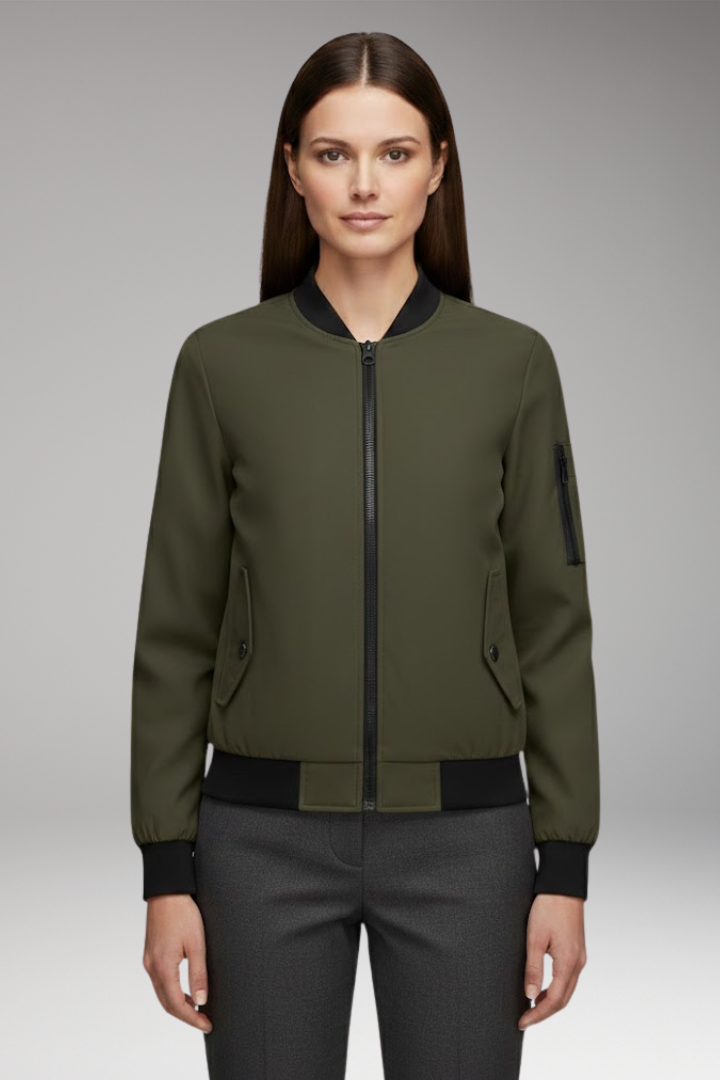 Women's Bomber Jacket with Zipper Pockets and Sporty Collar