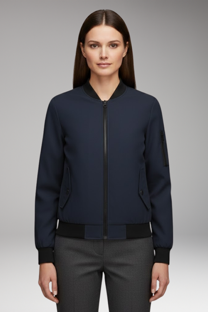 Women's Bomber Jacket with Zipper Pockets and Sporty Collar