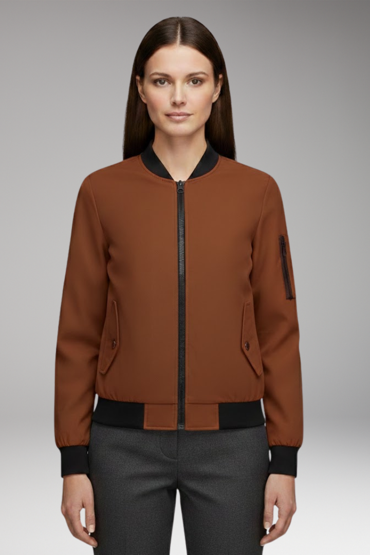 Women's Bomber Jacket with Zipper Pockets and Sporty Collar