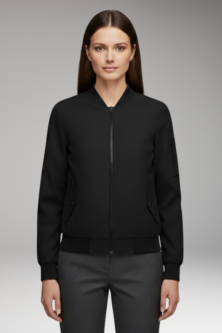 Women's Bomber Jacket with Zipper Pockets and Sporty Collar
