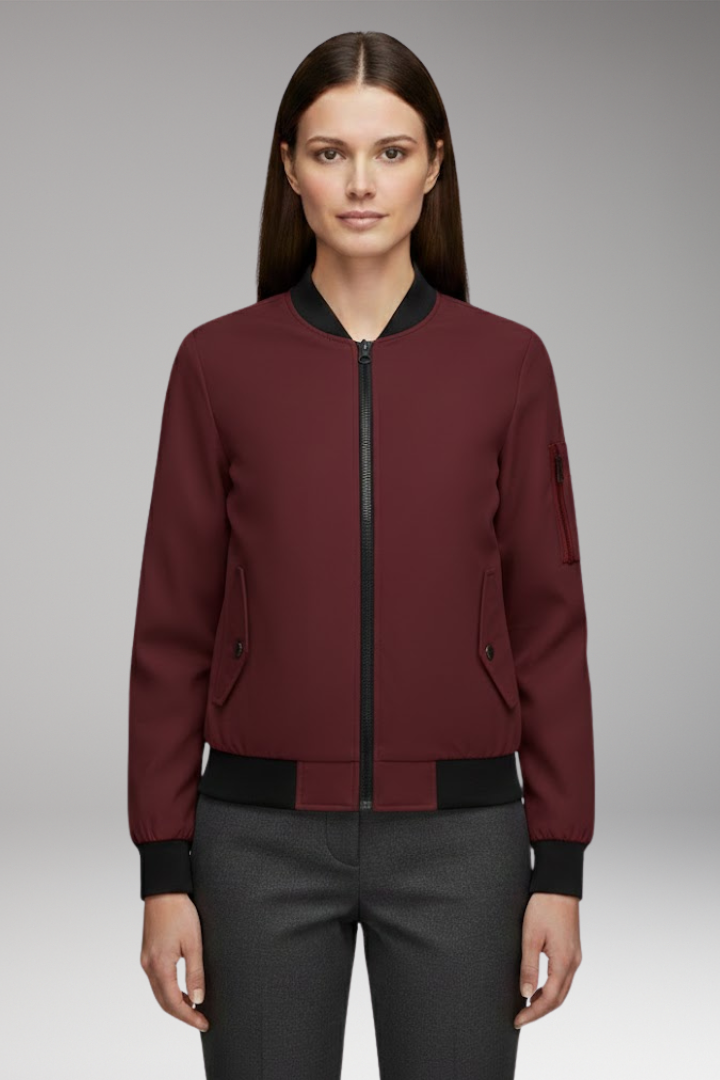 Women's Bomber Jacket with Zipper Pockets and Sporty Collar