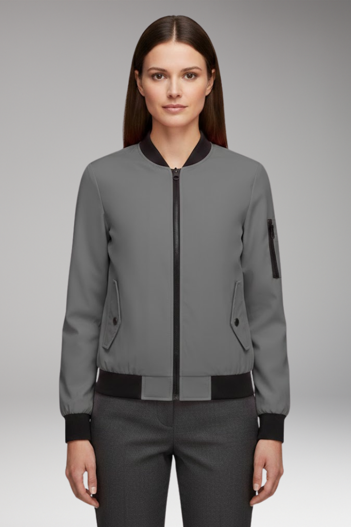 Women's Bomber Jacket with Zipper Pockets and Sporty Collar