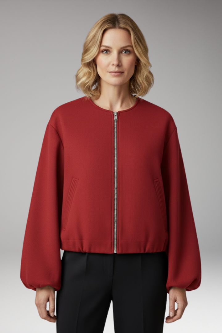 Women's Bomber Jacket with Zipper and Elastic Fit