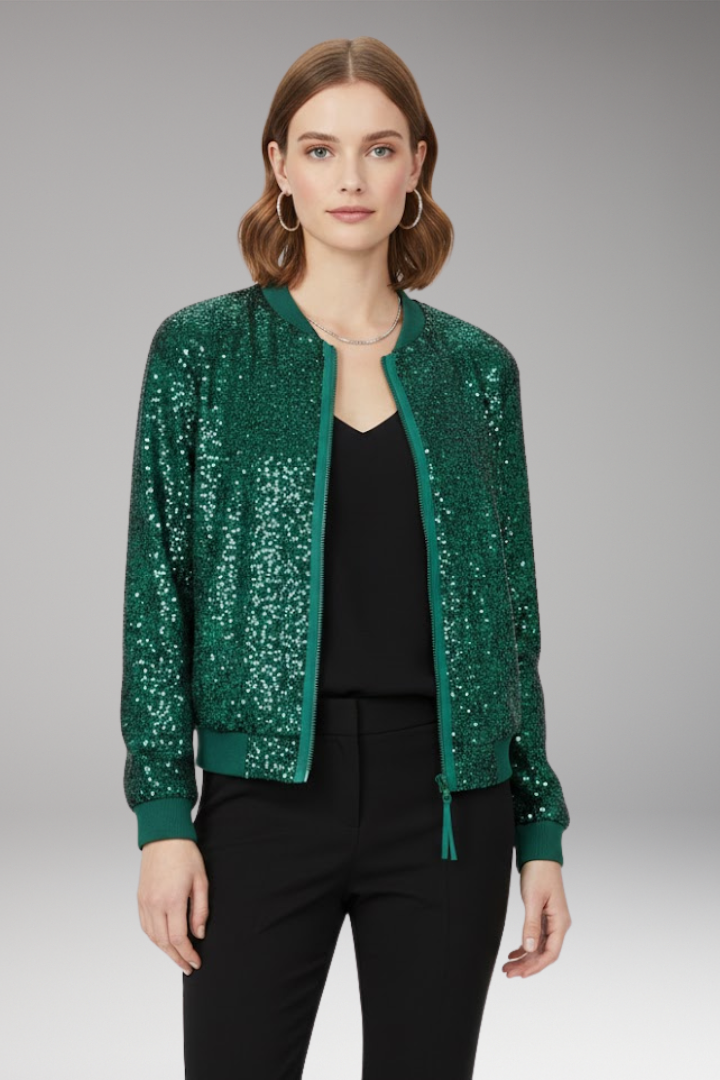 Women's Bomber Jacket with Zipper and Glitter Appliqus
