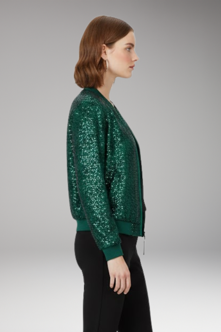 Women's Bomber Jacket with Zipper and Glitter Appliqus