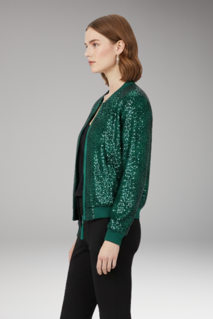 Women's Bomber Jacket with Zipper and Glitter Appliqus