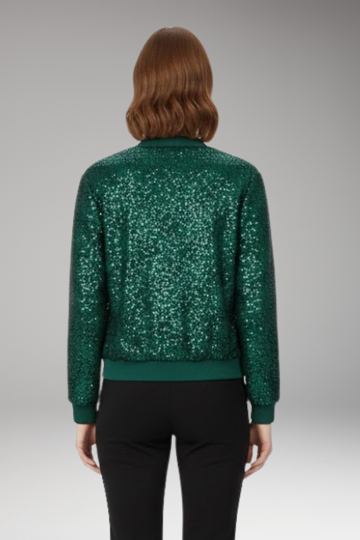Women's Bomber Jacket with Zipper and Glitter Appliqus