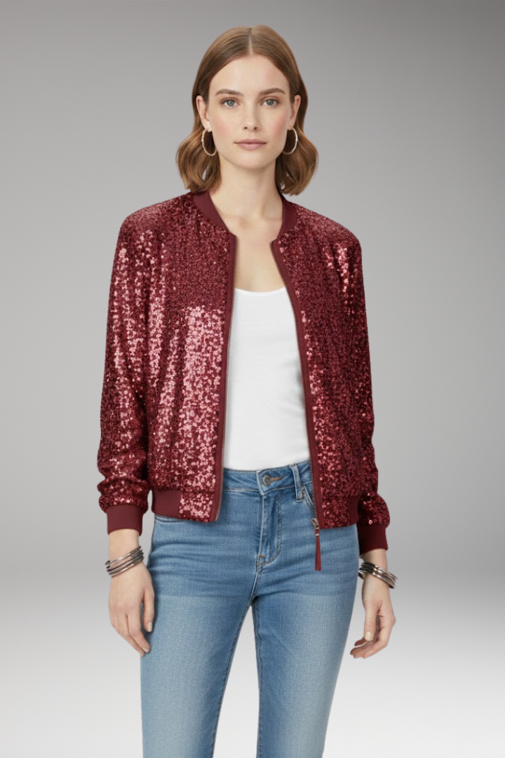 Women's Bomber Jacket with Zipper and Glitter Appliqus