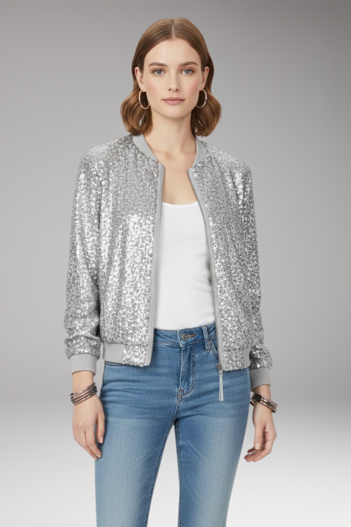 Women's Bomber Jacket with Zipper and Glitter Appliqus