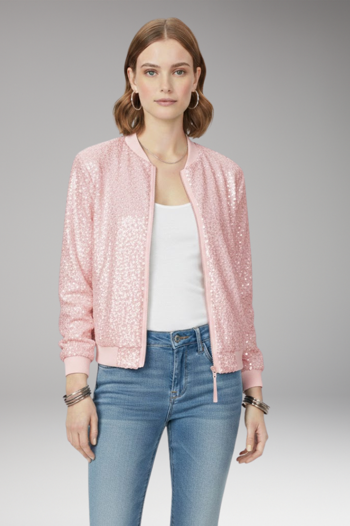 Women's Bomber Jacket with Zipper and Glitter Appliqus