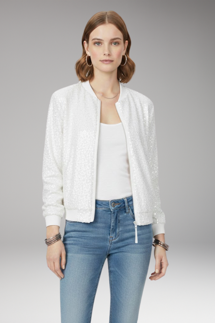 Women's Bomber Jacket with Zipper and Glitter Appliqus
