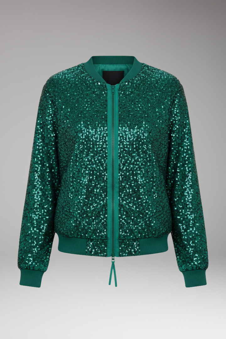 Women's Bomber Jacket with Zipper and Glitter Appliqus