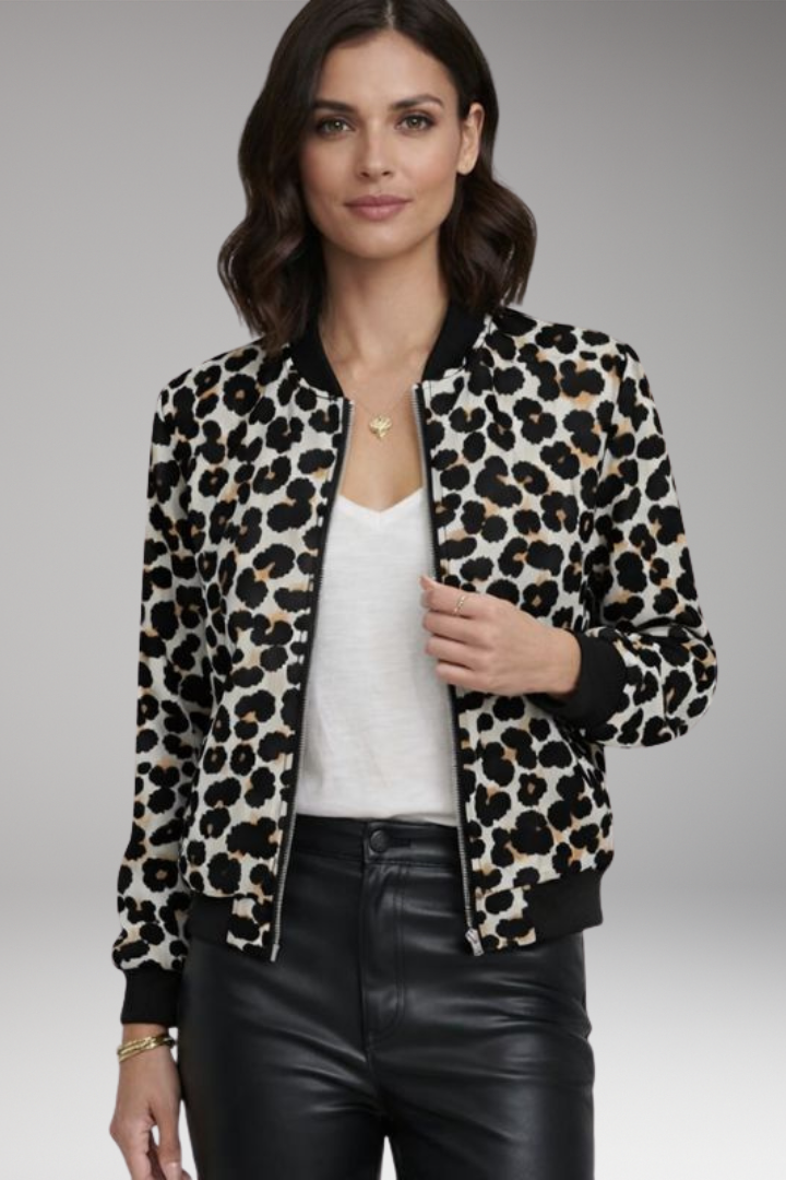 Women's Bomber Jacket with Zipper and Leopard Pattern