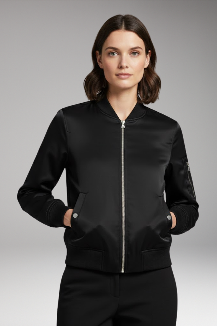 Women's Bomber Jacket with Zipper and Practical Pockets