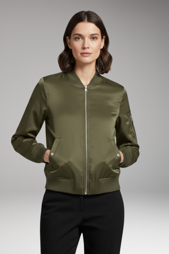 Women's Bomber Jacket with Zipper and Practical Pockets