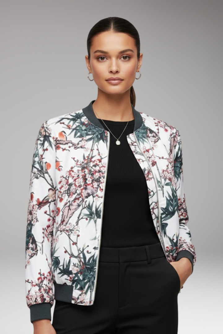 Women's Bomber Jacket with Zipper and Ribbed Cuffs