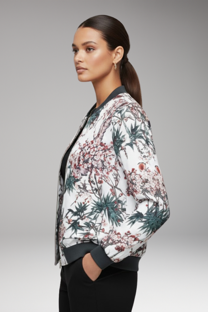 Women's Bomber Jacket with Zipper and Ribbed Cuffs