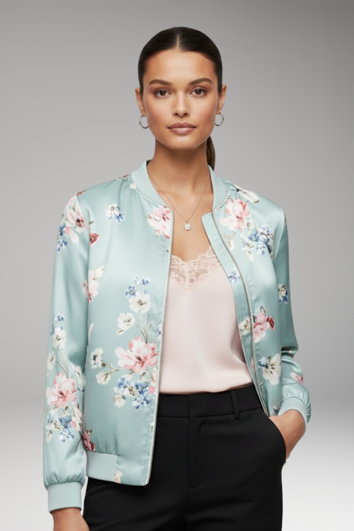 Women's Bomber Jacket with Zipper and Ribbed Cuffs