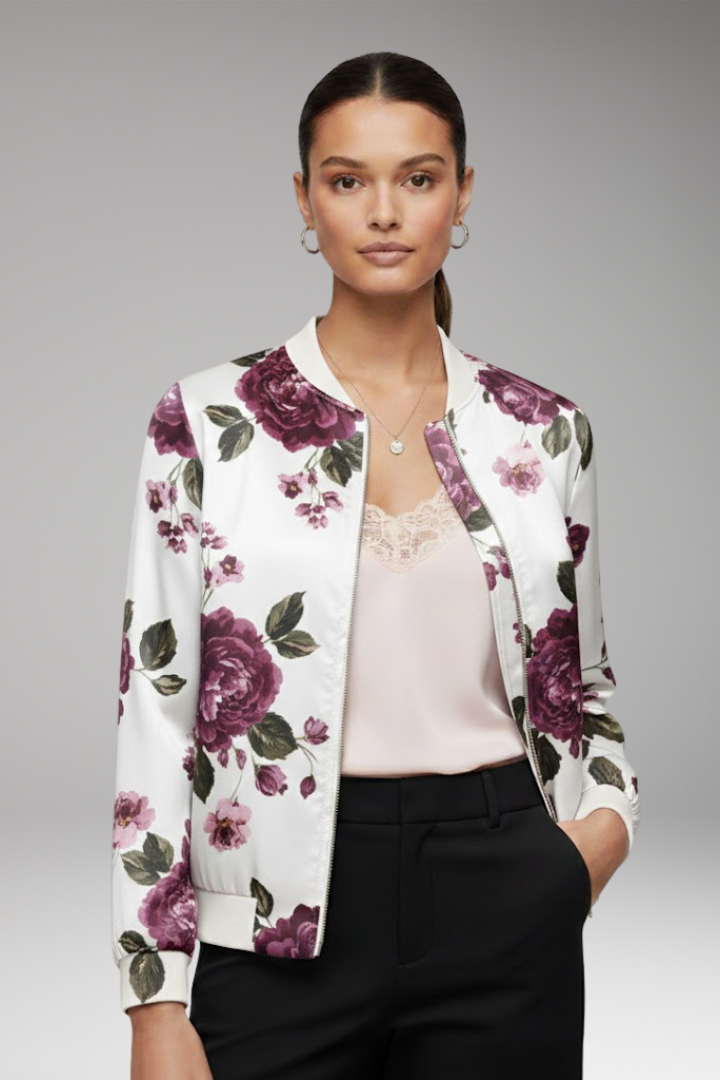 Women's Bomber Jacket with Zipper and Ribbed Cuffs