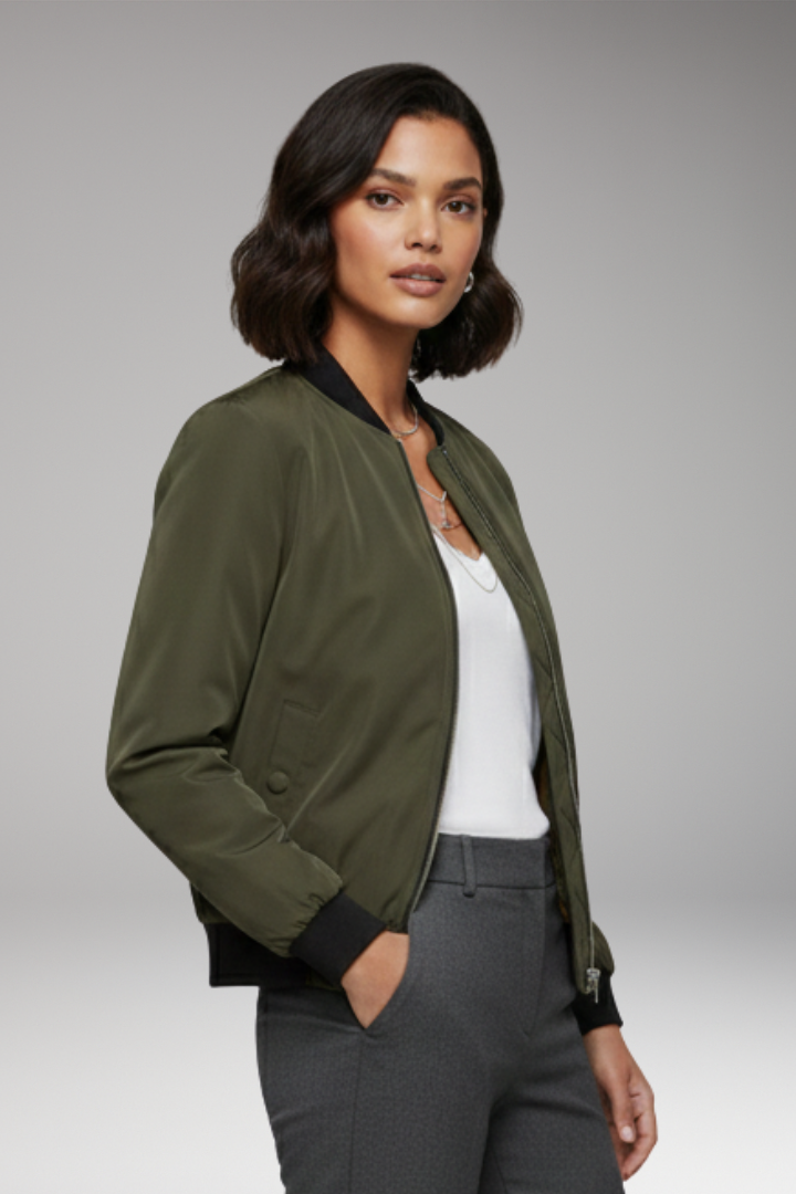 Women's Bomber Jacket with Zipper and Ribbed Hem