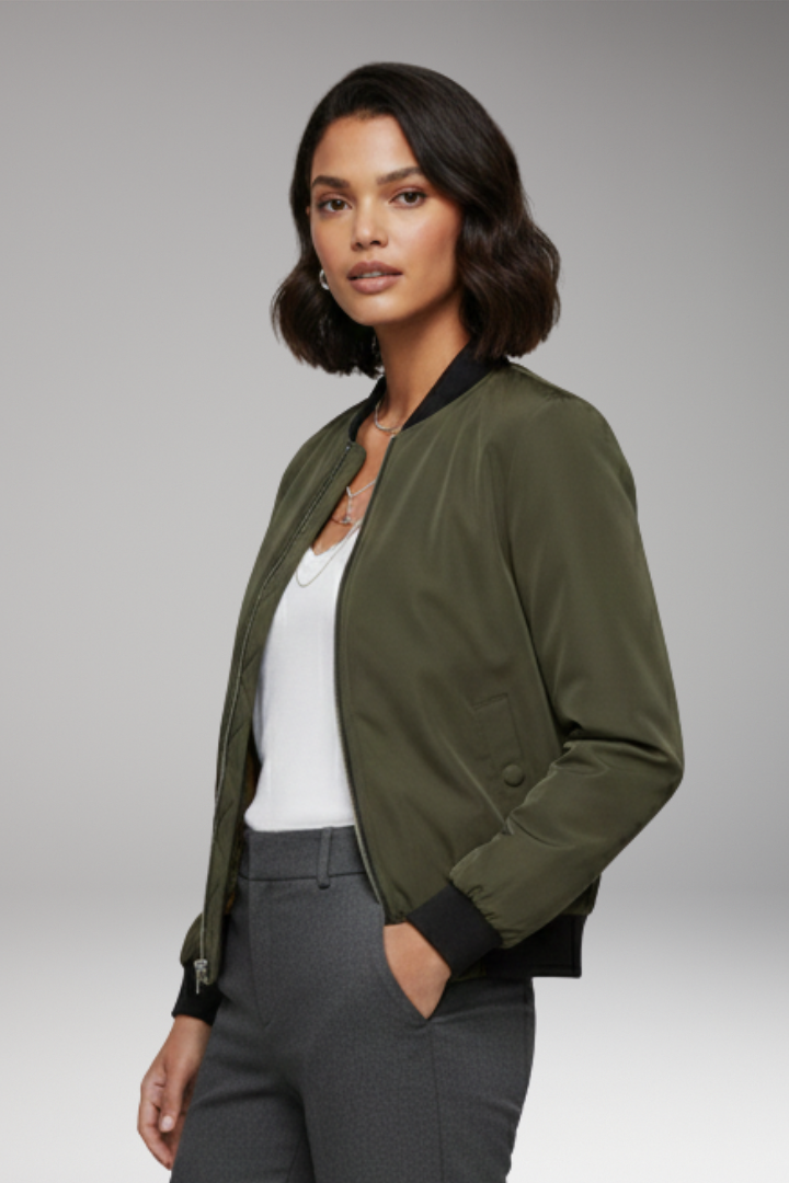 Women's Bomber Jacket with Zipper and Ribbed Hem