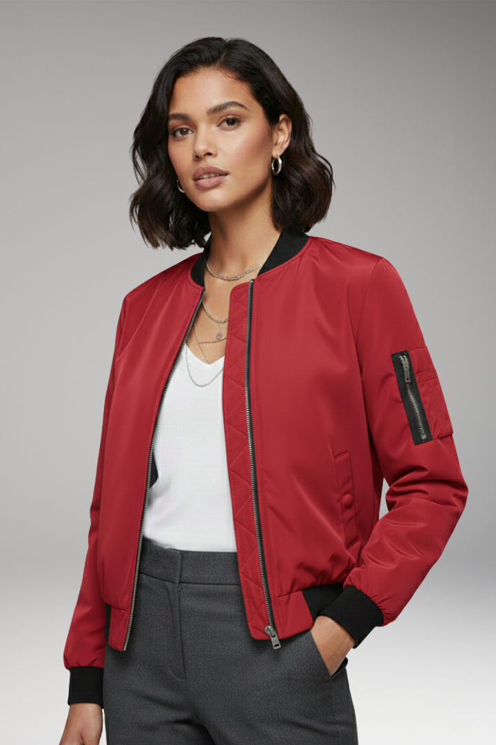 Women's Bomber Jacket with Zipper and Ribbed Hem