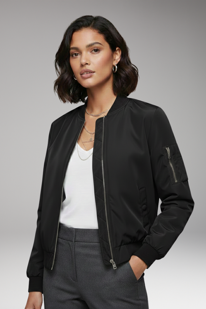 Women's Bomber Jacket with Zipper and Ribbed Hem