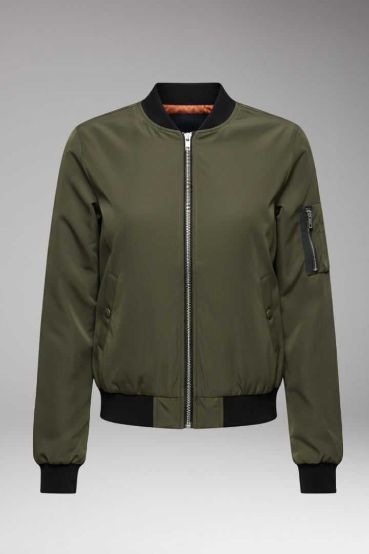 Women's Bomber Jacket with Zipper and Ribbed Hem